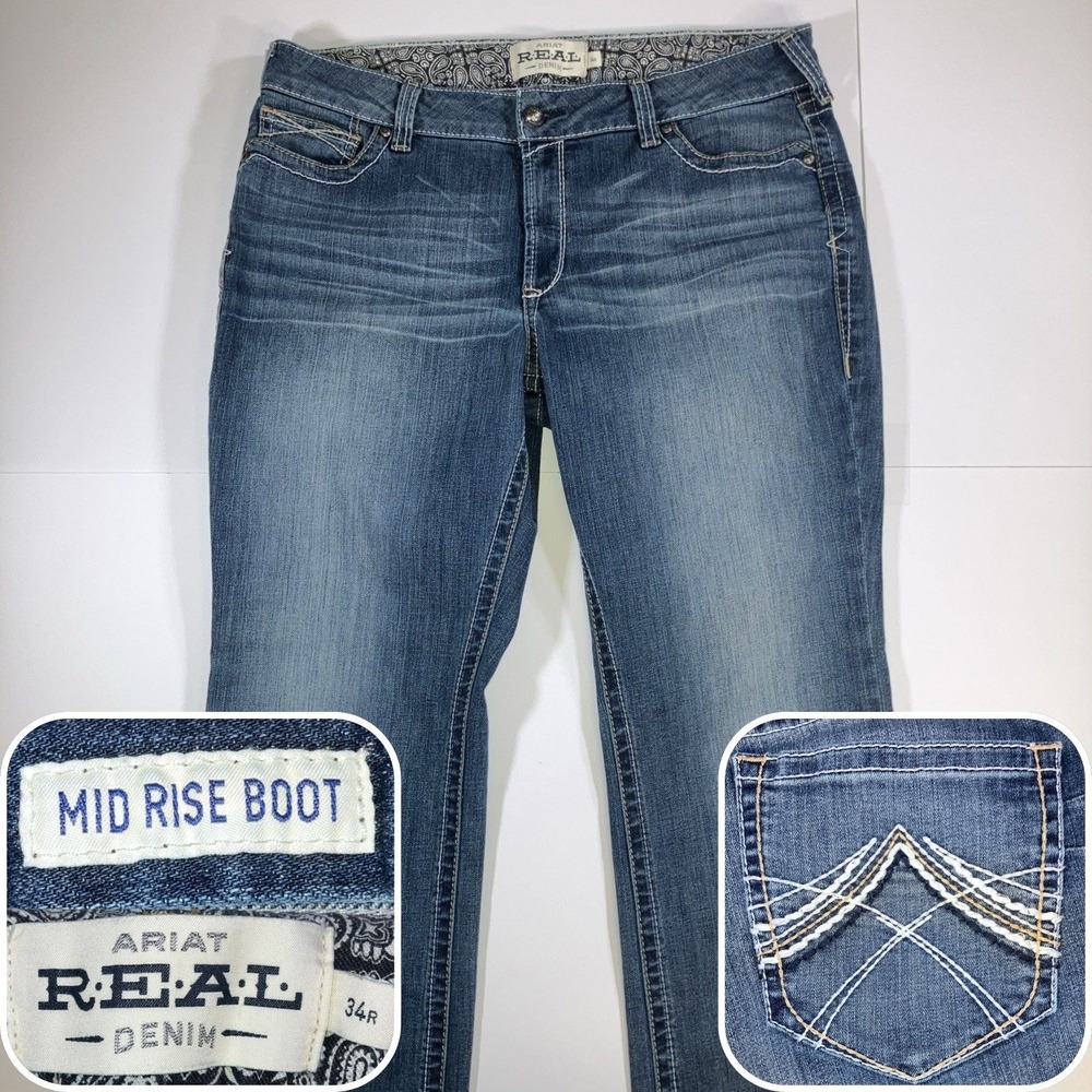 Ariat REAL Jeans Womens 34R Measured 38x33 Mid Rise Bootcut Stretch Denim